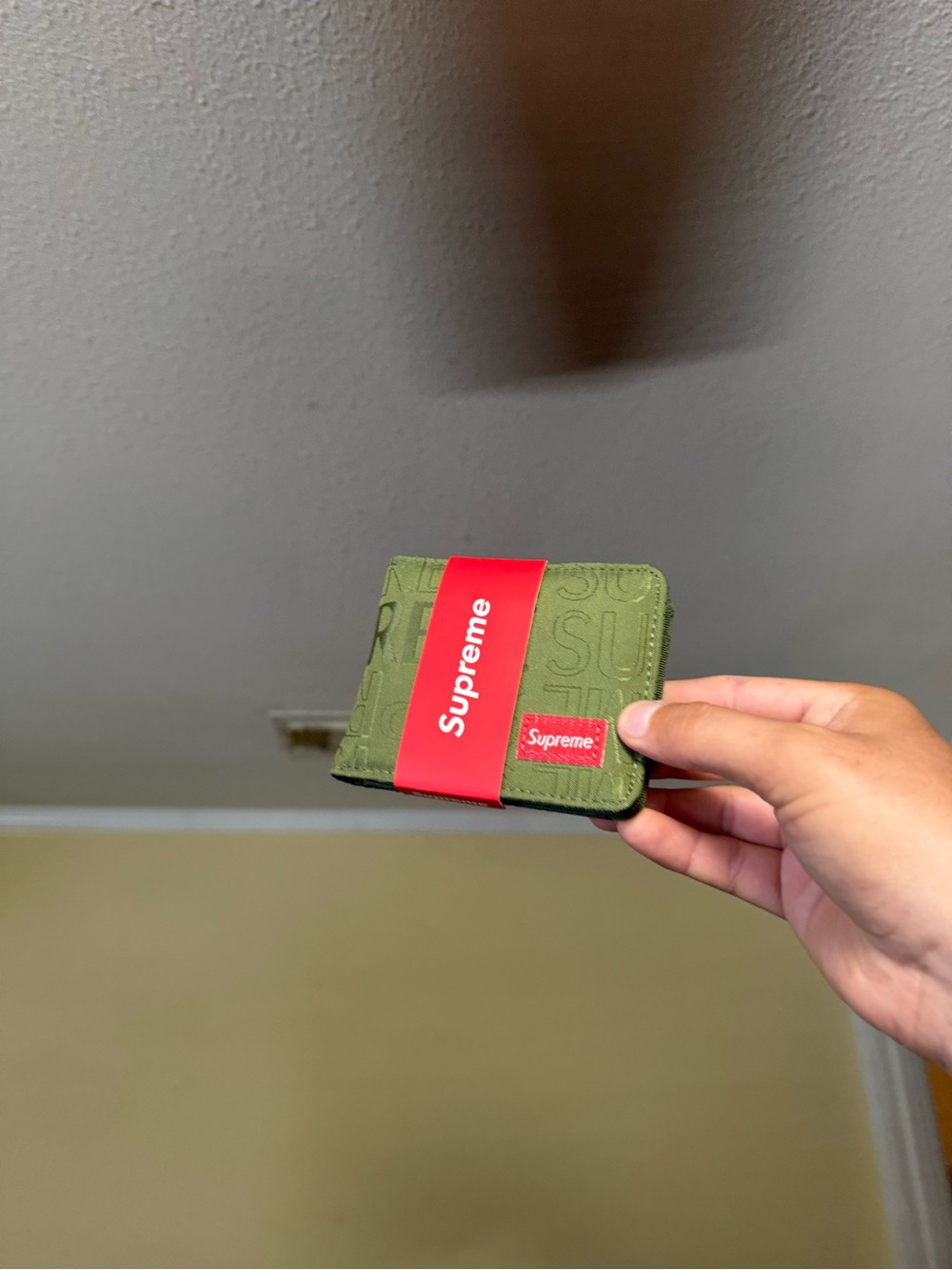 Supreme Olive Green Embossed Wallet with Red Logo Band